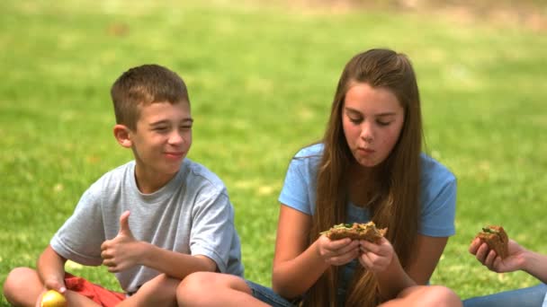 Hermanos comiendo un sándwich juntos — Vídeos de Stock