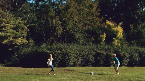 Broer en zus voetballen samen in een park — Stockvideo