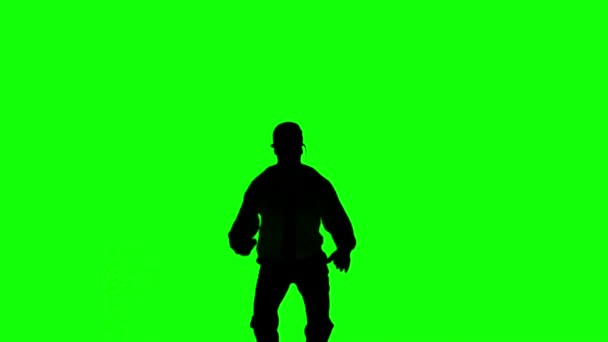 Silhouette di un uomo che salta con le mani sui fianchi sullo schermo verde — Video Stock