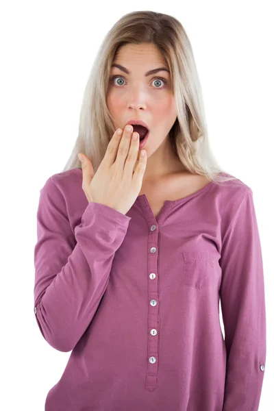 Surprised woman with hand on mouth — Stock Photo, Image