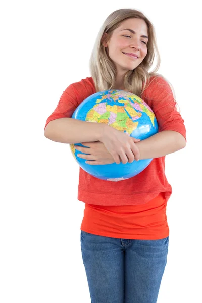 Woman embracing a globe — Stock Photo, Image