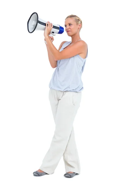 Blonde about to yell through megaphone — Stock Photo, Image