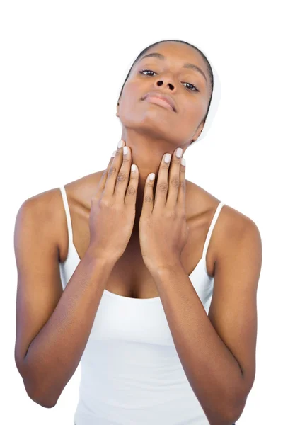 Woman touching her neck — Stock Photo, Image