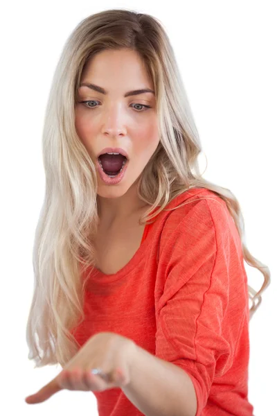 Surprised woman looking at her engagement ring — Stock Photo, Image