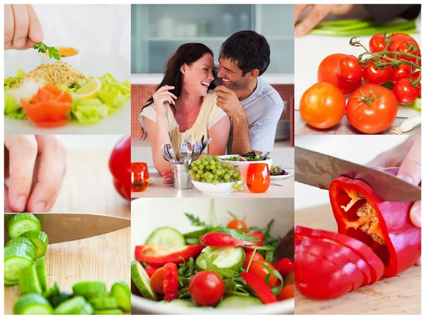 Collage van paar eten gezonde salade — Stockfoto