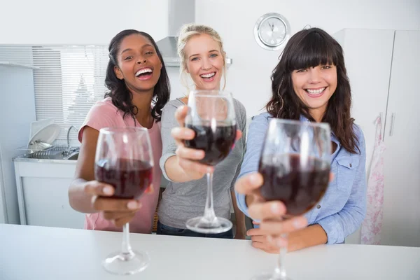 Amigos alegres brindam à câmera com copos de vinho tinto — Fotografia de Stock