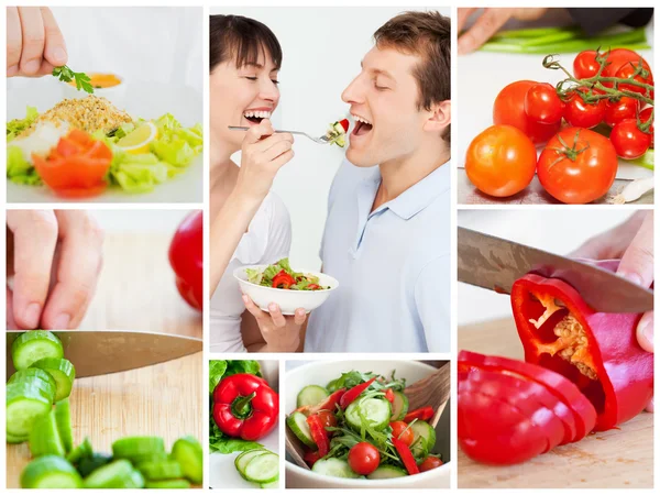 Colagem de casal comer legumes — Fotografia de Stock