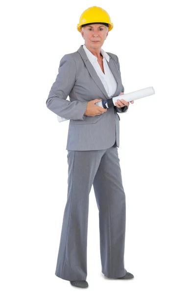 Serious architect with plan wearing hardhat — Stock Photo, Image