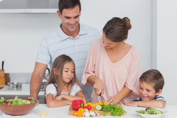 Kinder betrachten ihre Mutter, die Gemüse zubereitet — Stockfoto