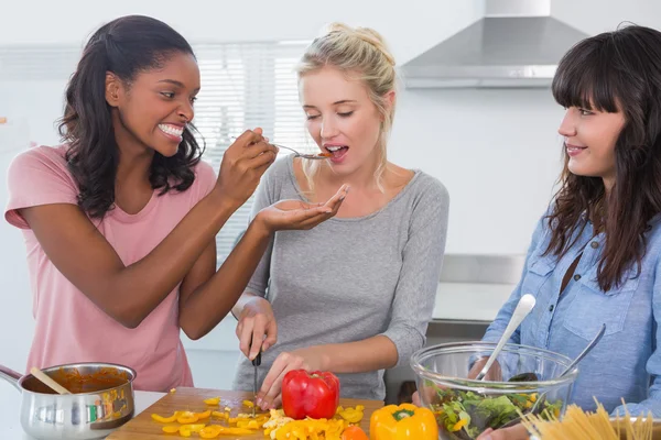 Happy friends preparing a meal together — Stock Photo, Image