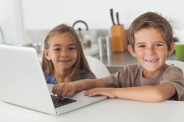 Neşeli kardeşleri birlikte bir dizüstü bilgisayar kullanarak — Stok fotoğraf
