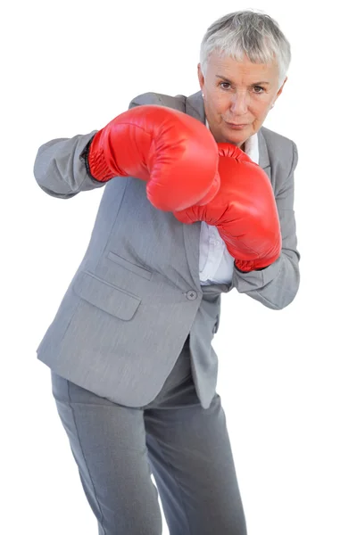 Femme d'affaires boxe avec ses gants de boxe — Photo