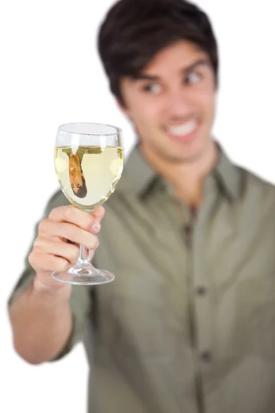 Férfi fehér bor üveg — Stock Fotó