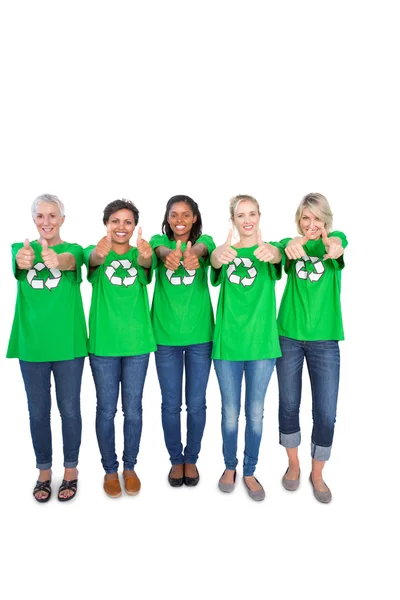 Team of happy female environmental activists giving thumbs up — Stock Photo, Image