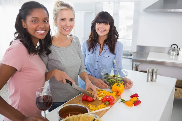 Fröhliche Freunde, die gemeinsam ein Essen zubereiten und dabei in die Kamera schauen — Stockfoto