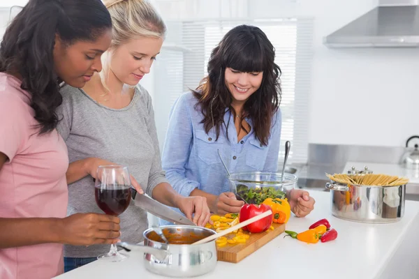 Smiling friends preparing a meal together — Stock Photo, Image