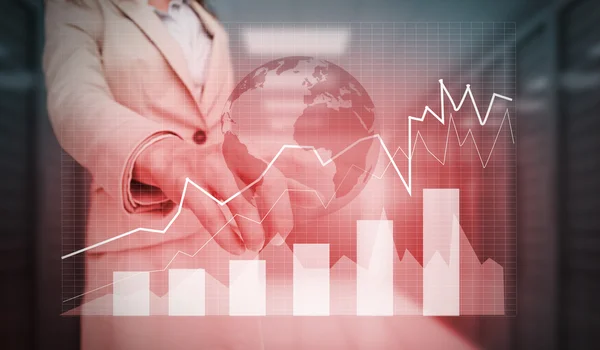 Zakenvrouw aanraken staafdiagram afbeelding met lijnen en aarde — Stockfoto