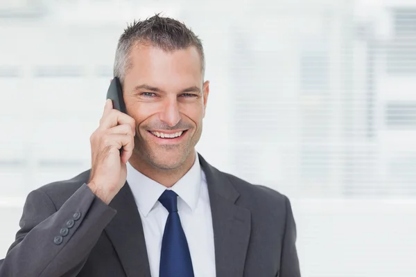 Vrolijke zakenman camera kijken terwijl het hebben van een telefoongesprek — Stockfoto