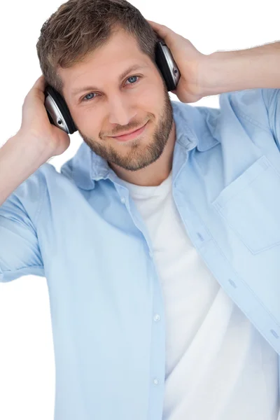 Cool trendy model listening to music — Stock Photo, Image