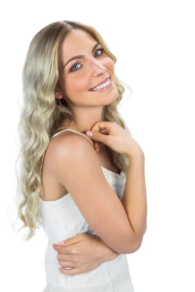 Happy sensual blond woman smiling — Stok fotoğraf