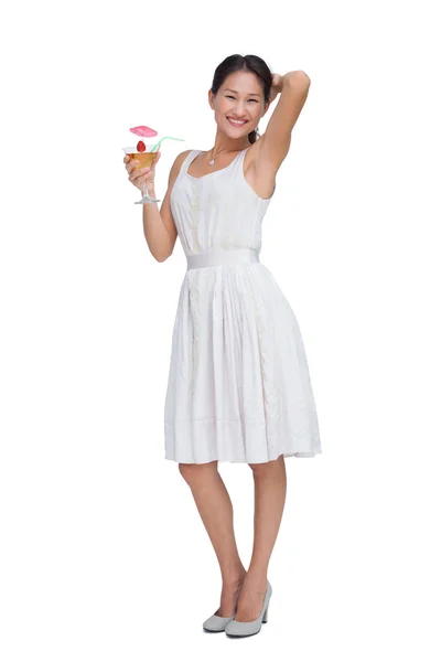 Happy brunette posing with cocktail — Stock Photo, Image