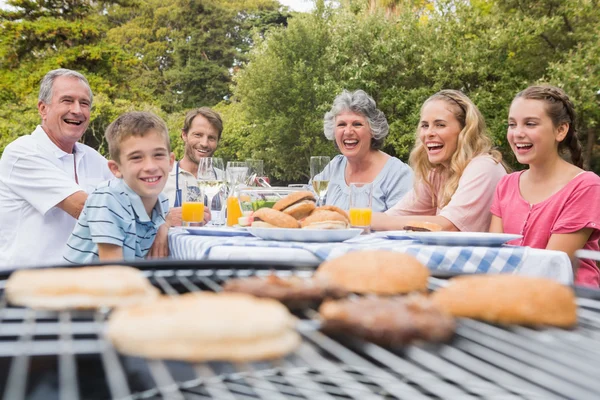 Skrattande familj att grilla i parken tillsammans — Stockfoto