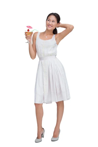 Cheerful brunette posing with cocktail — Stock Photo, Image