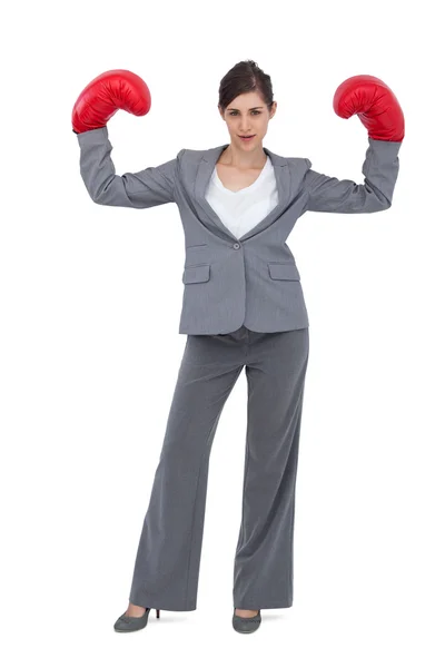 Businesswoman with boxing gloves — Stock Photo, Image