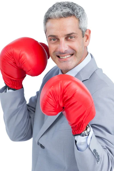 Happy businessman with boxing gloves — Stock Photo, Image