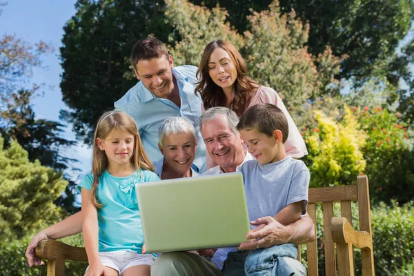 Famiglia sorridente multi generazione con un computer portatile seduto nel parco — Foto Stock