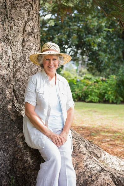 Senyum pensiunan wanita duduk di batang pohon — Stok Foto