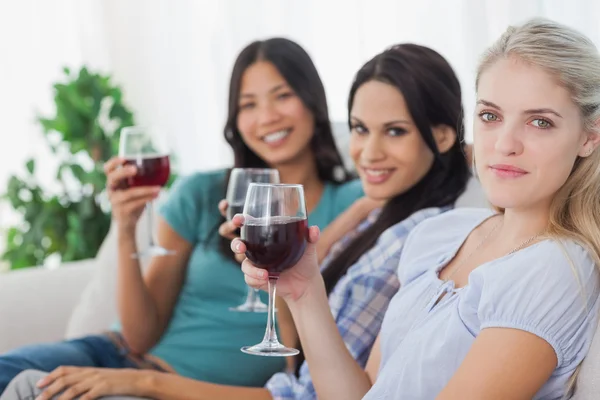 Fröhliche Freunde, die gemeinsam Rotwein trinken und in die Kamera schauen — Stockfoto