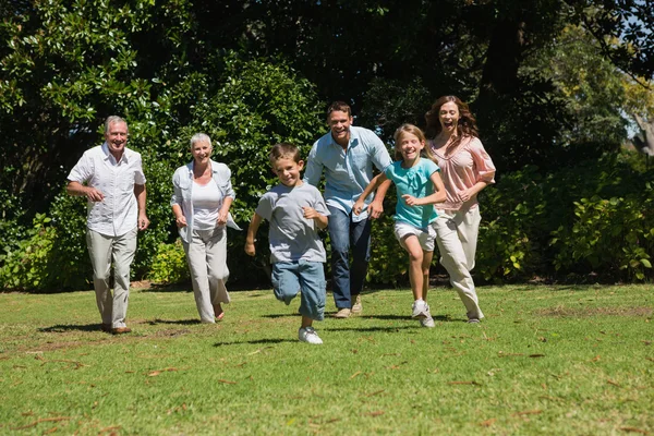 Glad multi generation familj kör mot kameran — Stockfoto