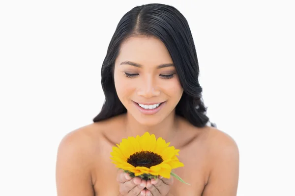 Usmívající se přírodní černé vlasy model drží slunečnice — Stock fotografie