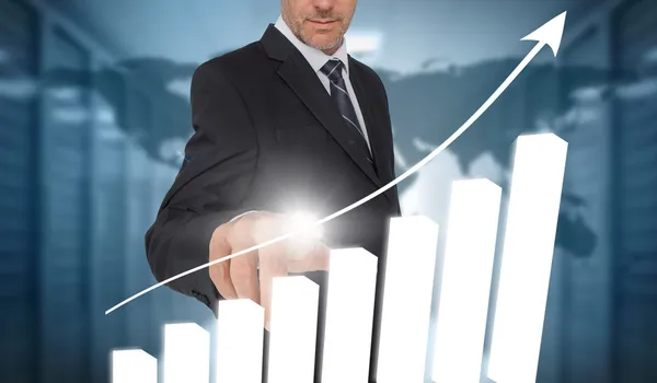 Businessman touching bar chart interface with world map on backg — Stock Photo, Image