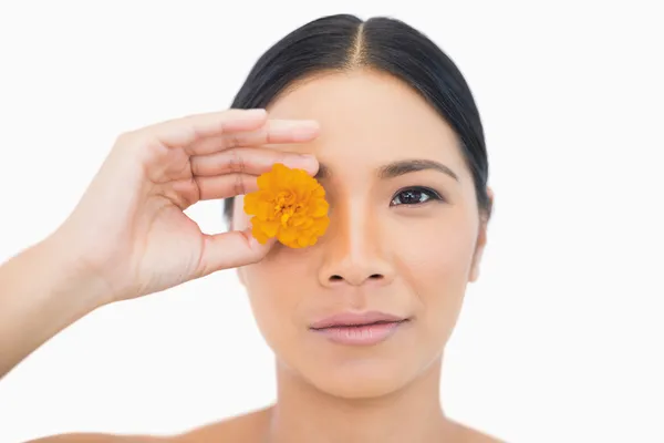 Peaceful sensual black haired model holding orange flower — Stock Photo, Image