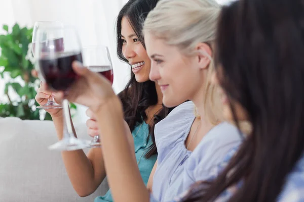 Glückliche Freunde, die gemeinsam Rotwein trinken — Stockfoto