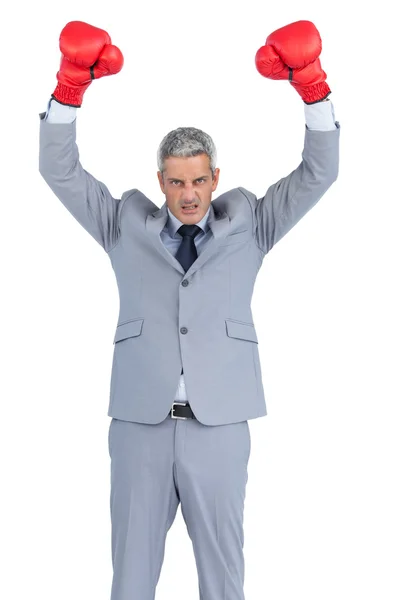 Furioso empresário posando com luvas de boxe vermelho — Fotografia de Stock