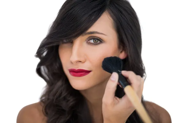 Glamorous brunette applying blusher on her cheek — Stockfoto