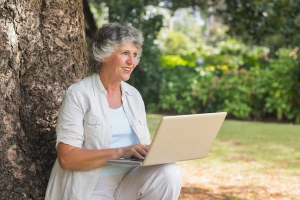 Glückliche grauhaarige Frau mit Laptop auf Baum sitzend — Stockfoto