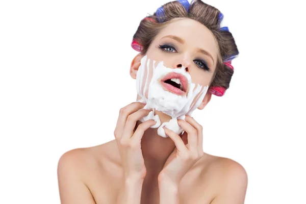 Sensual model with shaving foam looking at camera — Stock Photo, Image