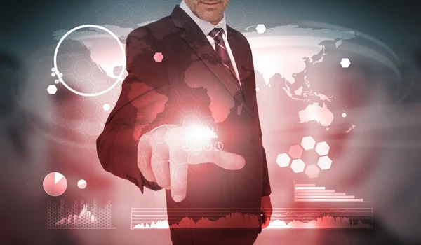 Uomo d'affari selezionando l'interfaccia futuristica di grafici e dati — Foto Stock