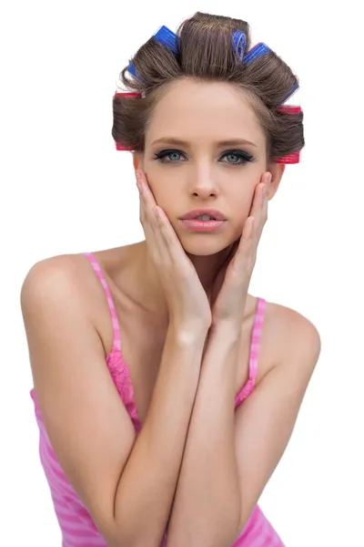 Retro styled model in hair curlers posing — Stock Photo, Image