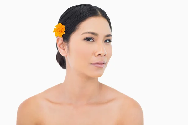 Niedliche dunkelhaarige Modell mit Blume im Haar — Stockfoto