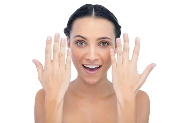 Surprised natural model posing with hands up — Stock Photo, Image