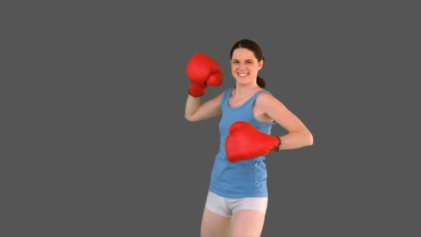 Victorieux jeune modèle avec des gants de boxe posant — Video