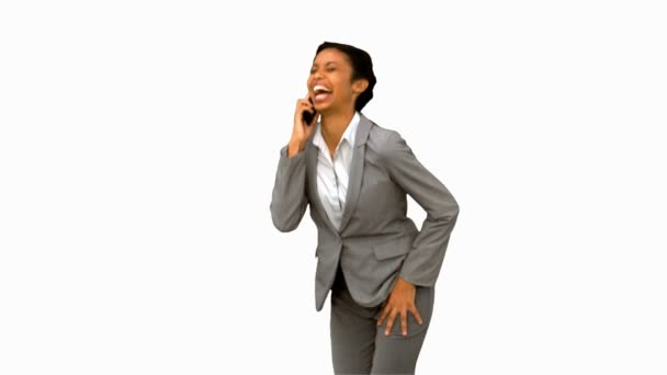 Happy businesswoman laughing while phoning on white screen — Stock Video