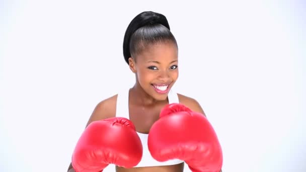 Smiling model boxing — Stock Video