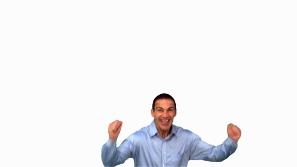 Happy businessman jumping on white screen — Stock Video