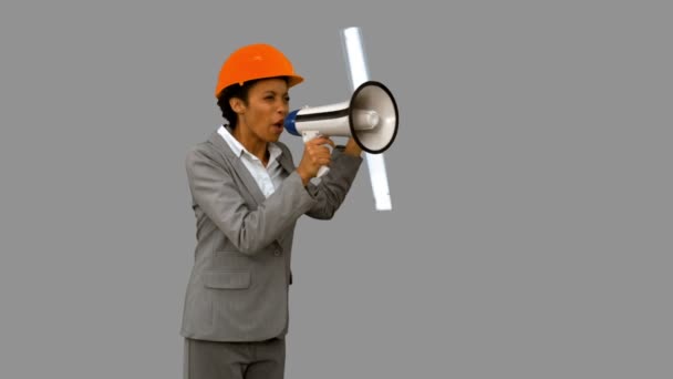 Angry architect using a megaphone on grey screen — Stock Video